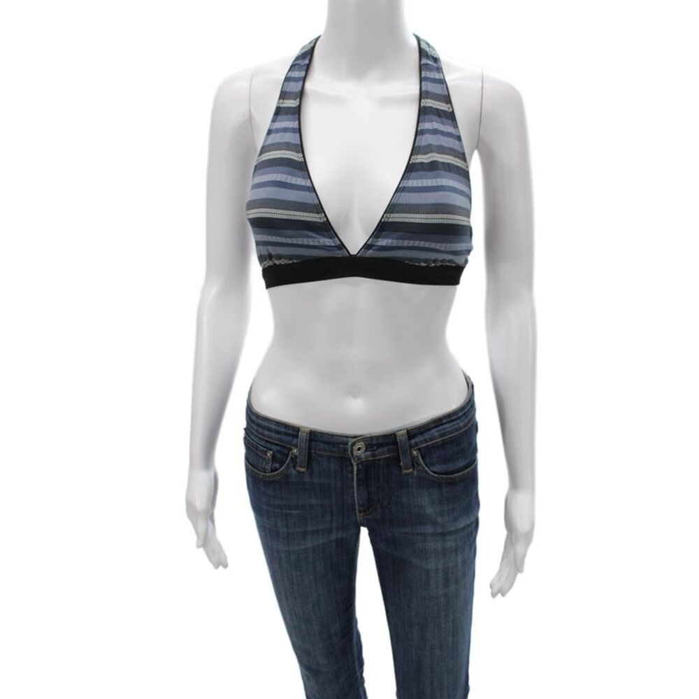 Athleta Womens Deep V Neck Striped Stretch Knit Sports Bra Blue Black Size Small